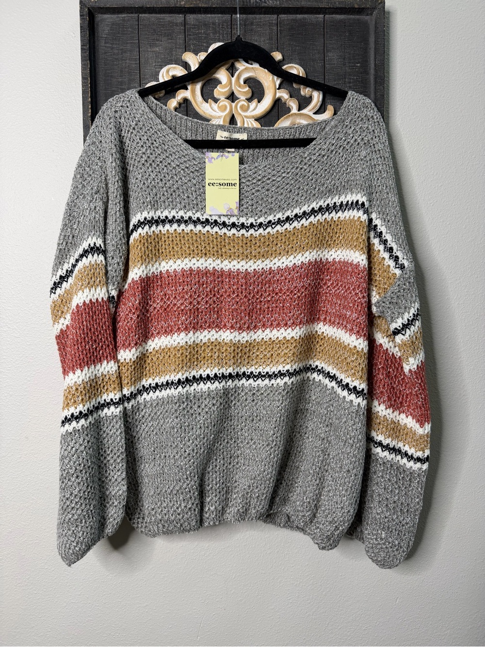 eesome Gray Sweater with Rust and Mustard Stripes